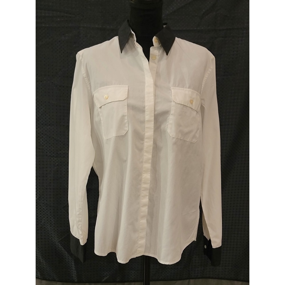 Lauren Ralph Lauren Women XL White Button Down Shirt Black Contrast Collar NWT